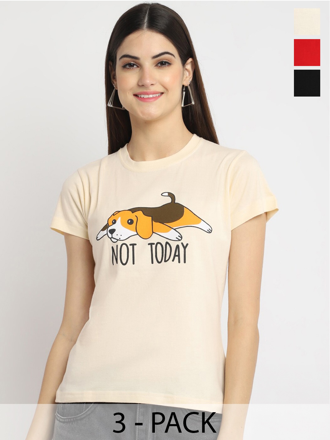 

Fabflee Pack Of 3 Typography Printed Cotton T-shirt, Cream