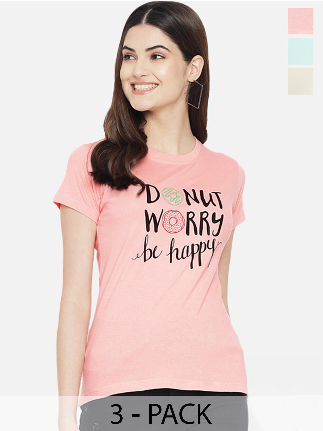 

Fabflee Pack Of 3 Printed Round Neck Cotton Regular T-shirt, Peach