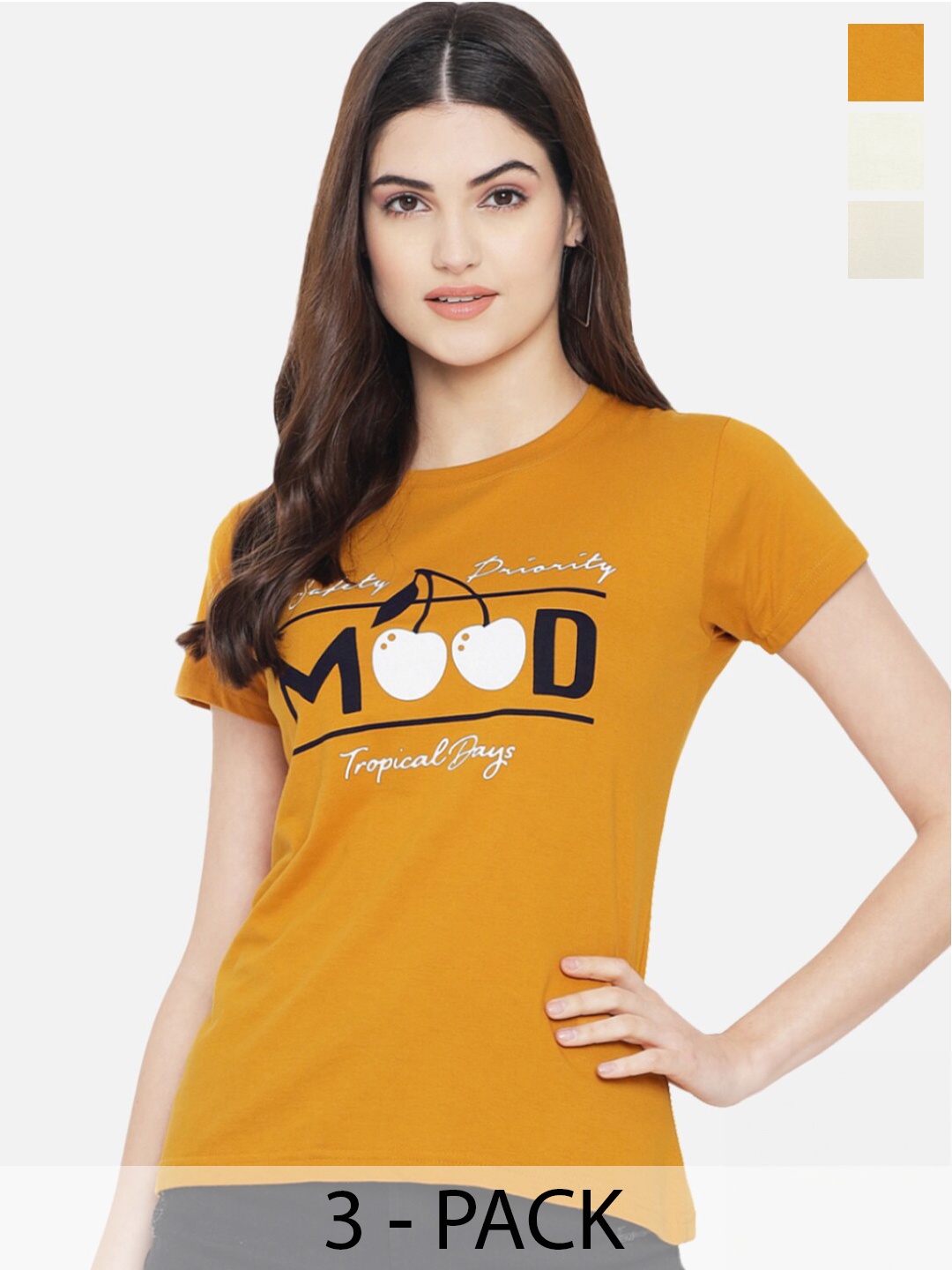 

Fabflee Pack Of 3 Typography Printed Regular Fit Pure Cotton Casual T-Shirt, Mustard