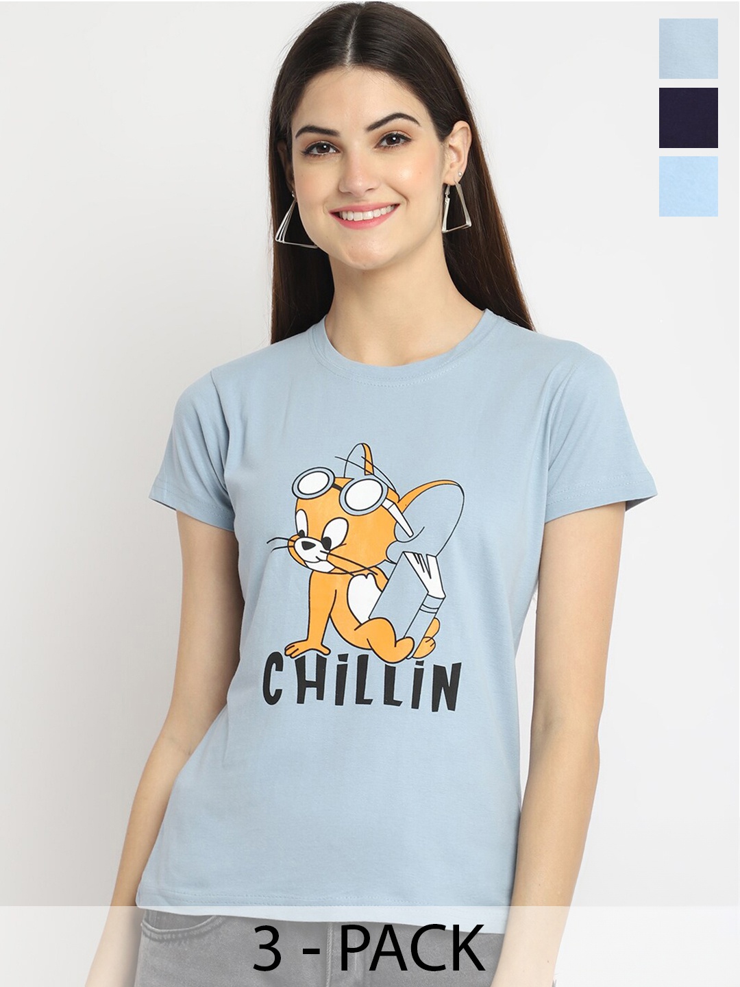 

Fabflee Pack Of 3 Graphic Printed Cotton T-shirt, Blue