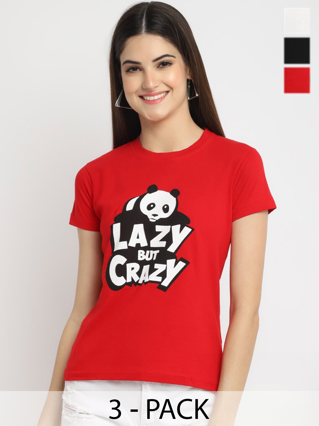 

Fabflee Pack Of 3 Printed Round Neck Cotton Regular T-shirt, Red