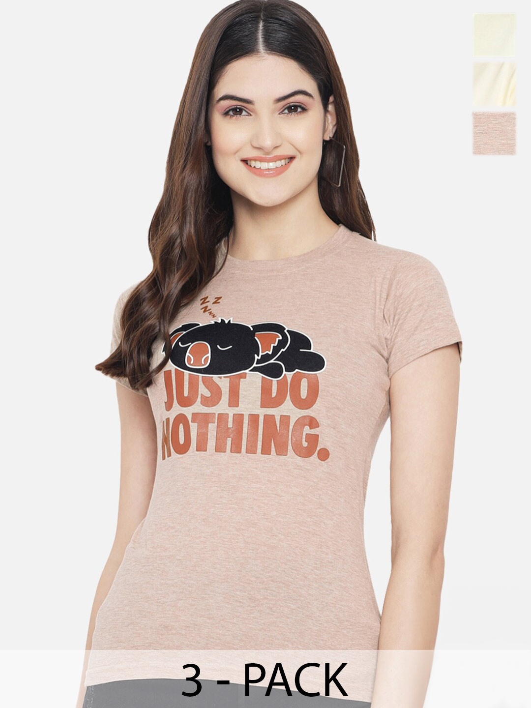 Fabflee Pack Of 3 Typography Printed Cotton T-shirt, Coffee brown