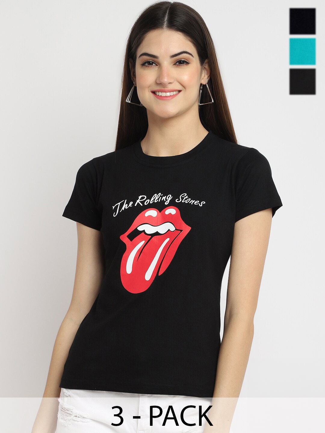 

Fabflee Pack Of 3 Printed Cotton T-shirts, Black