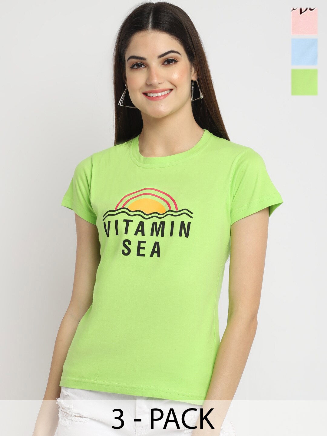 

Fabflee Pack Of 3 Typography Printed Cotton T-shirt, Green
