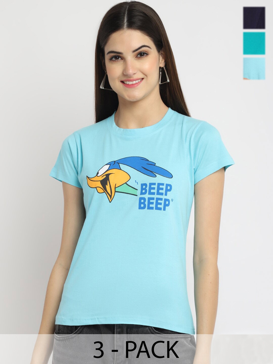 

Fabflee Pack Of 3 Graphic Printed Cotton T-shirt, Turquoise blue