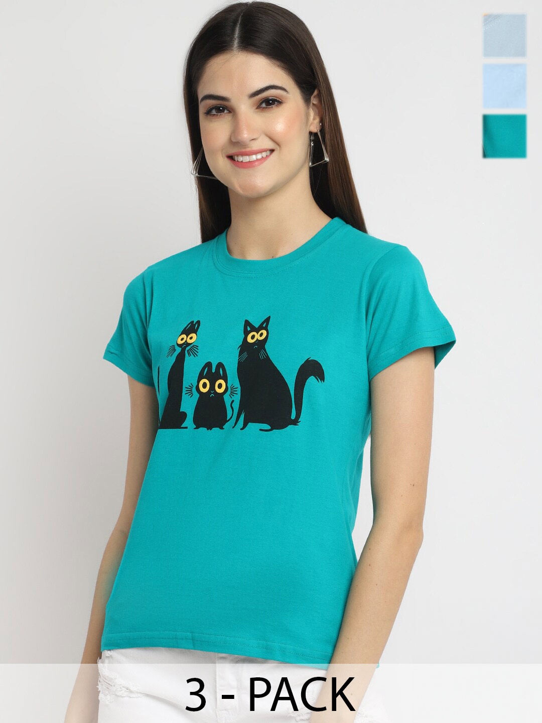 

Fabflee Pack Of 3 Graphic Printed Round Neck Short Sleeves Cotton T-Shirt, Blue