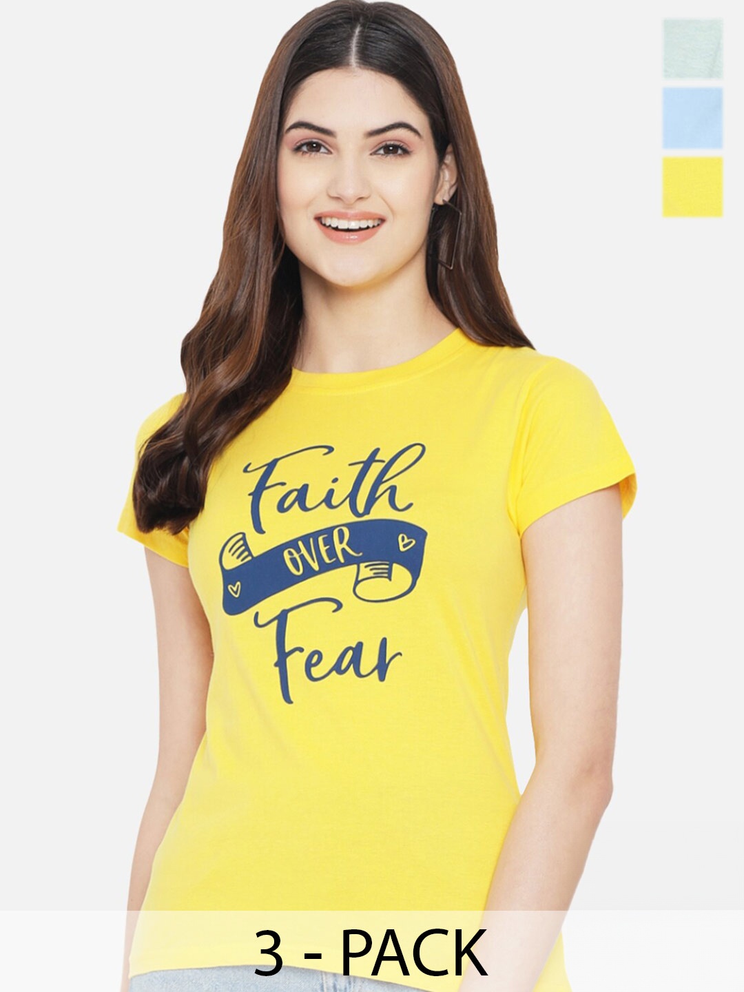 

Fabflee Pack Of 3 Typography Printed Cotton T-shirt, Yellow