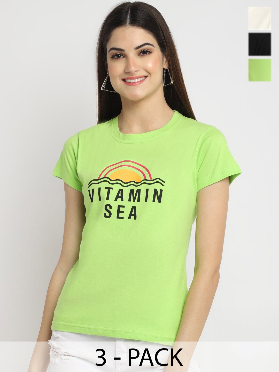 

Fabflee Pack Of 3 Typography Printed Cotton T-shirt, Lime green
