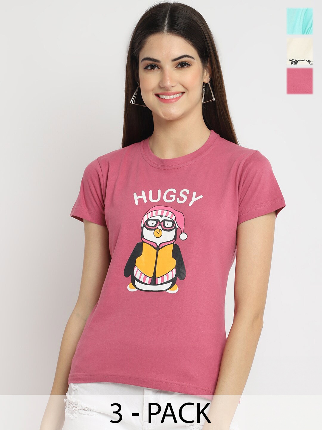 

Fabflee Pack Of 3 Typography Printed Cotton T-shirt, Pink