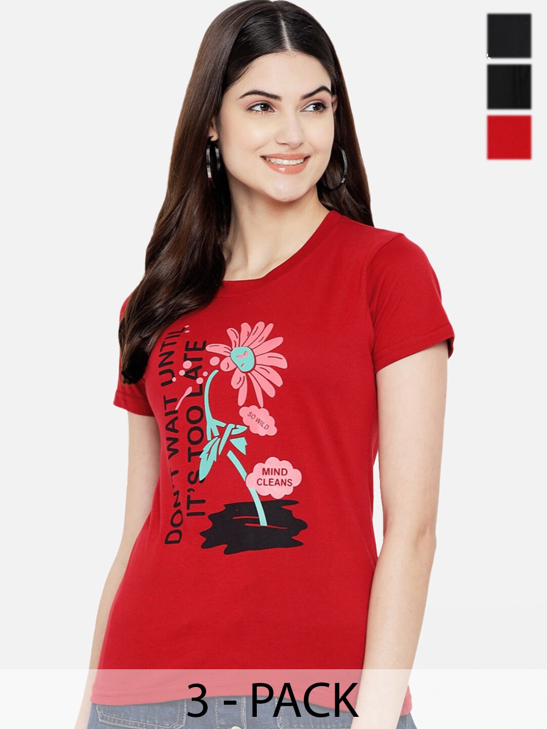 

Fabflee Regular Fit Pack Of 3 Printed Round Neck Cotton T-shirt, Red
