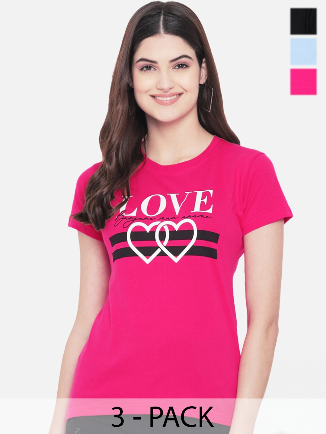 

Fabflee Pack of 3 Printed Round Neck Cotton T-shirts, Pink