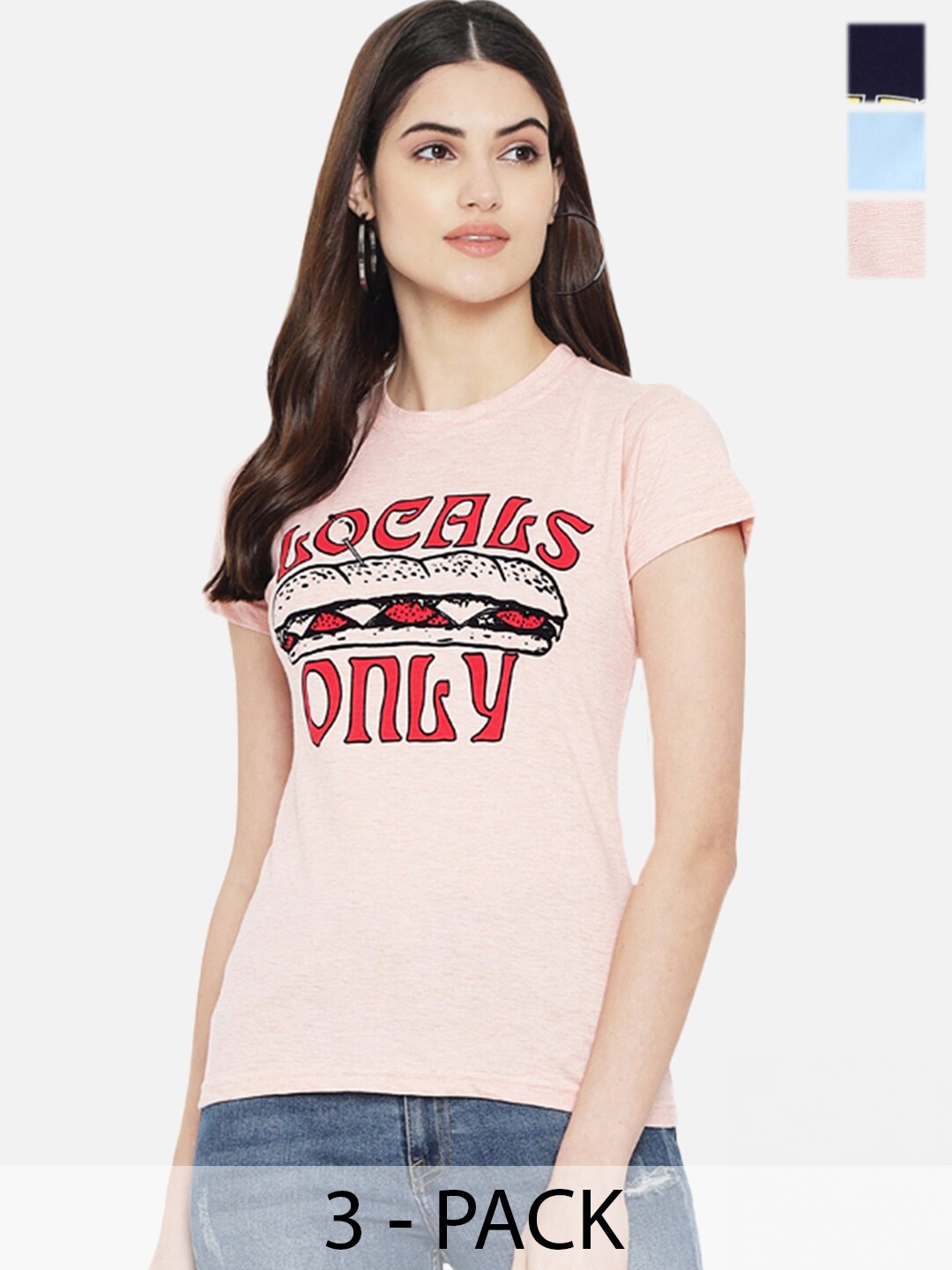 

Fabflee Regular Fit Pack Of 3 Printed Round Neck Cotton T-shirt, Pink