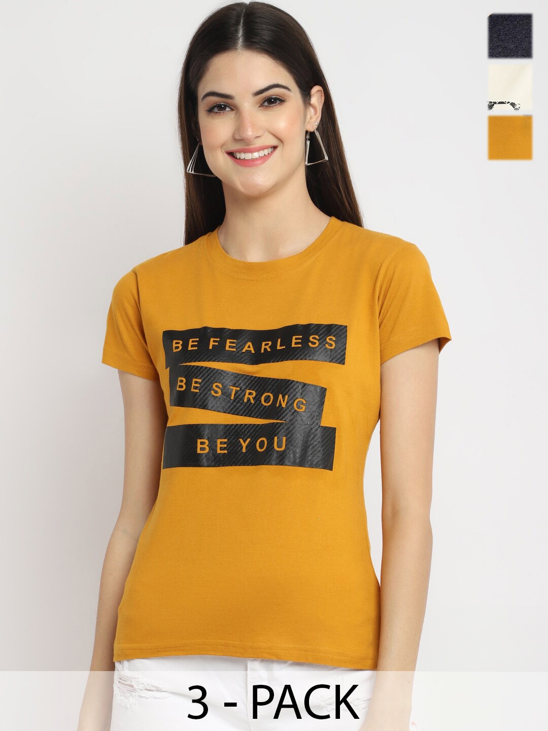 

Fabflee Pack Of 3 Typography Printed Cotton T-shirt, Mustard