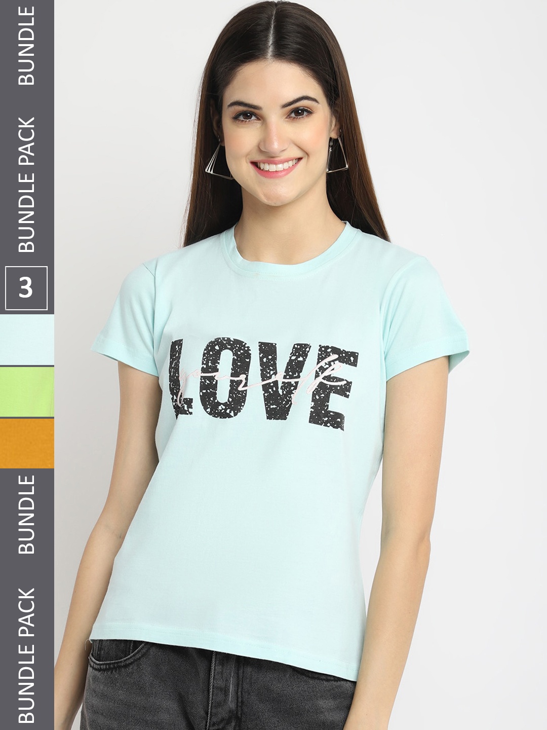 

Fabflee Pack of 3 Typography Printed Cotton T-shirts, Blue