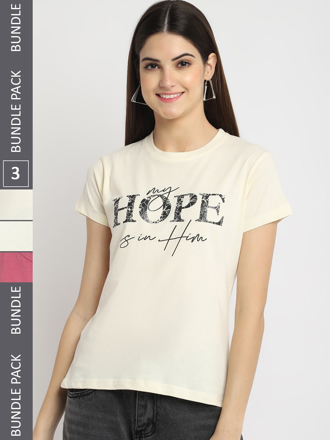 

Fabflee Pack Of 3 Printed Round Neck Cotton Regular T-shirt, Cream