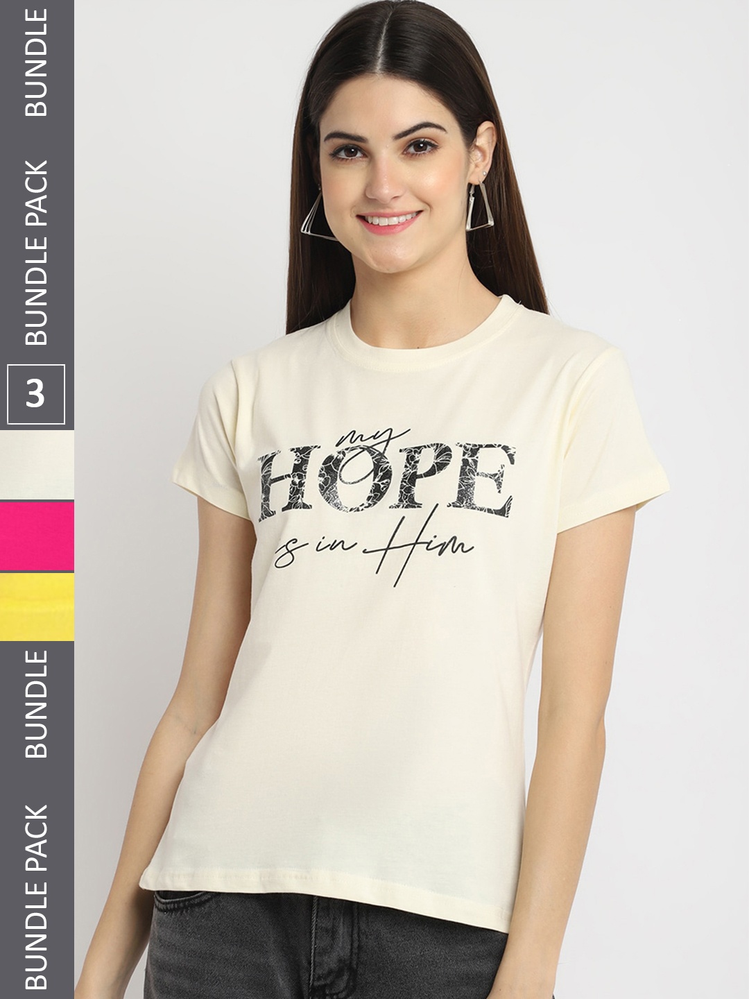 

Fabflee Pack Of 3 Typography Printed Cotton T-shirt, Cream