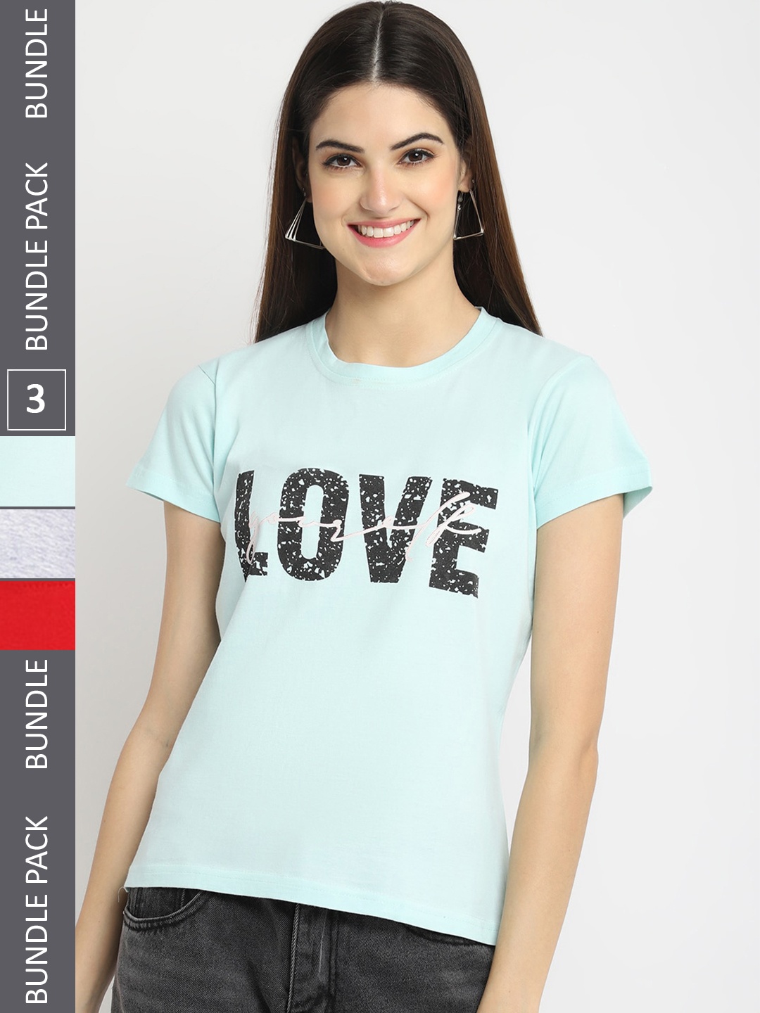 

Fabflee Pack Of 3 Typography Printed Cotton T-shirt, Blue