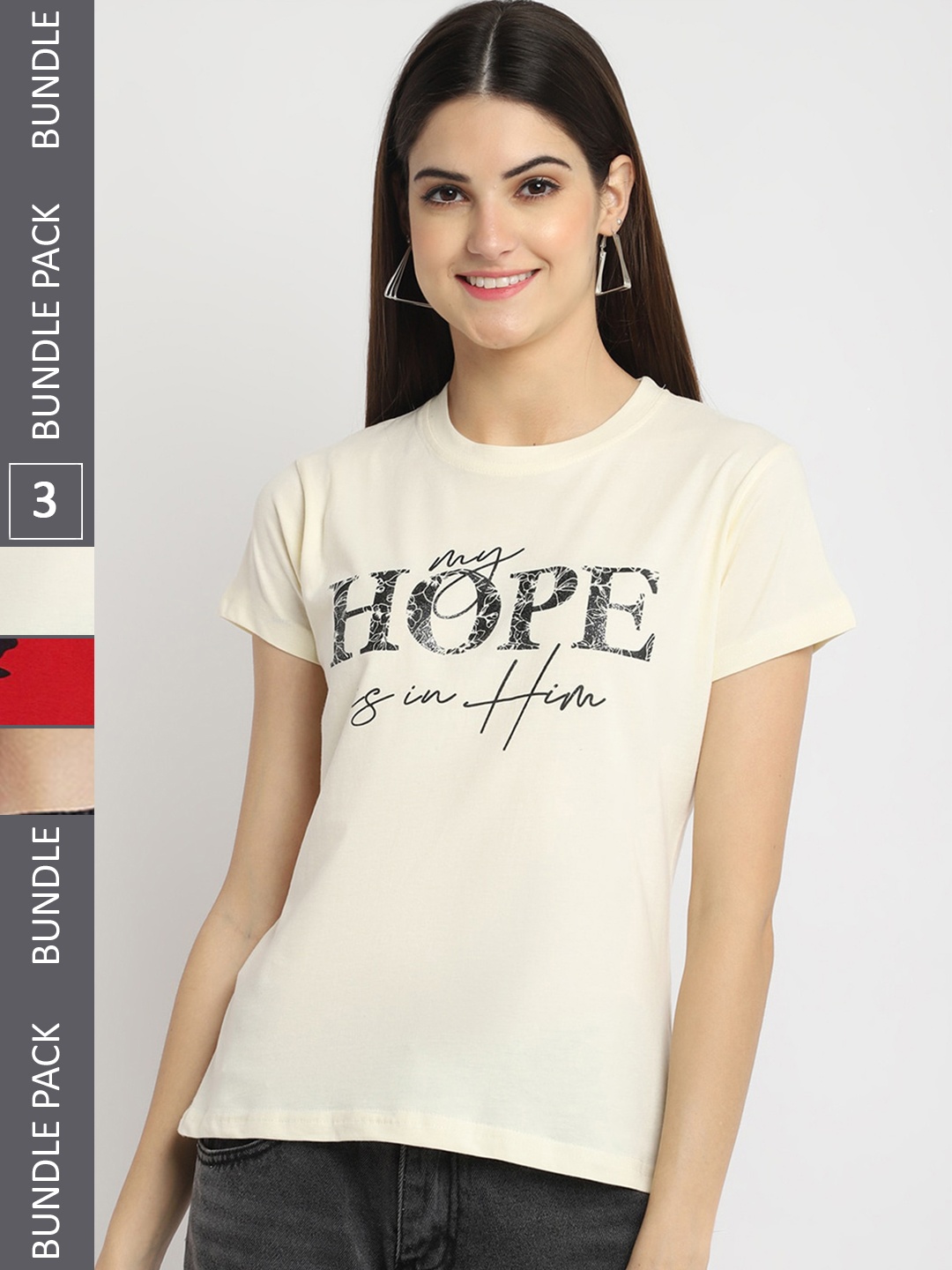 

Fabflee Pack Of 3 Printed Cotton T-shirt, Cream