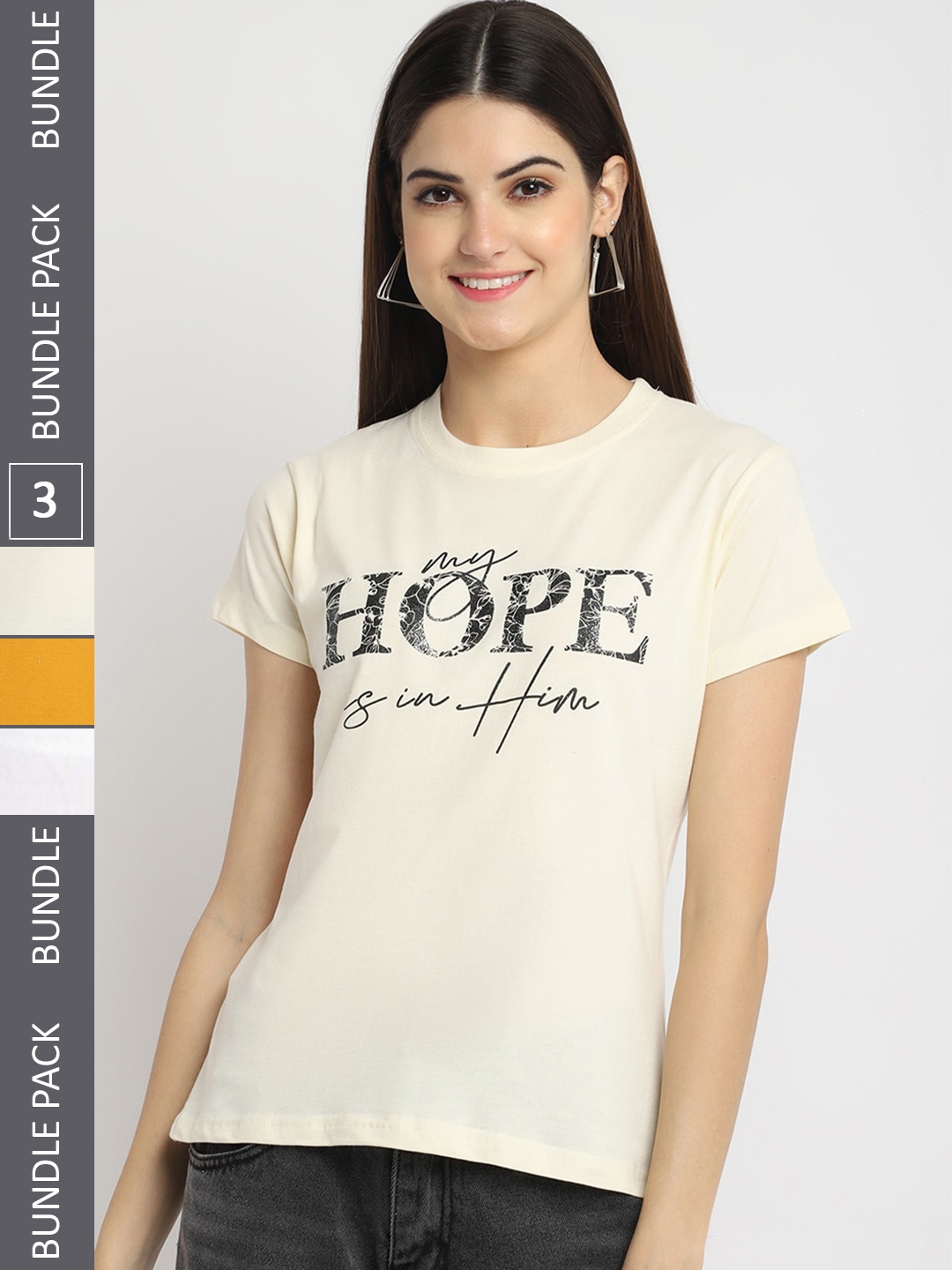 Fabflee Pack Of 3 Typography Printed Cotton T-shirt, Cream