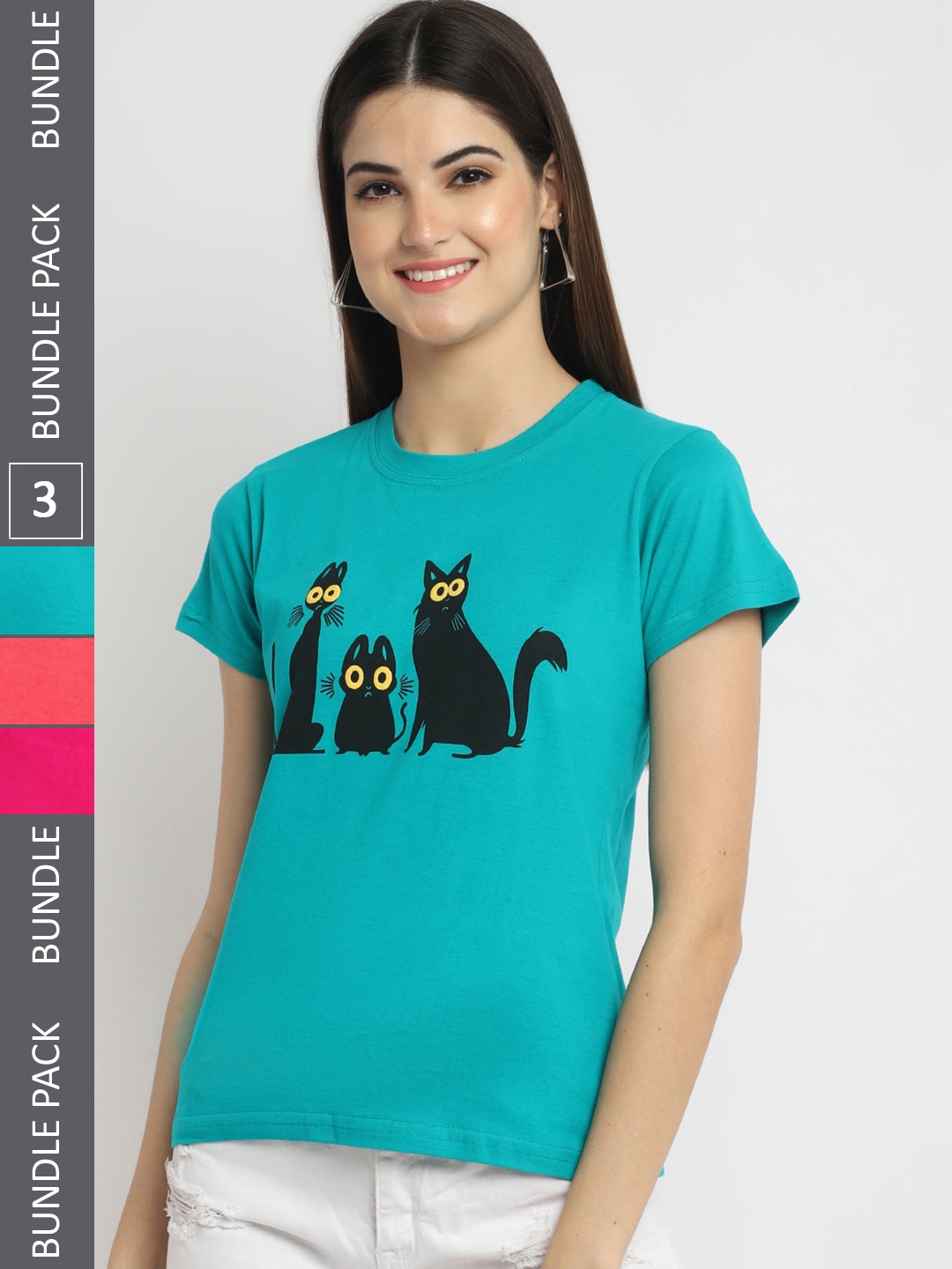 

Fabflee Pack Of 3 Printed Cotton T-shirt, Teal