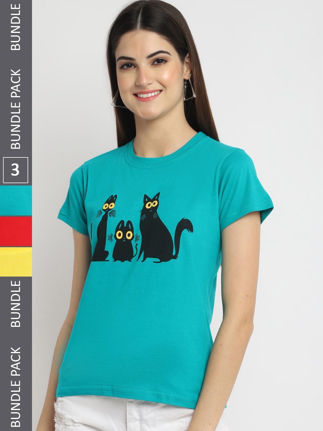 

Fabflee Regular Fit Pack Of 3 Printed Round Neck Cotton T-shirt, Multi
