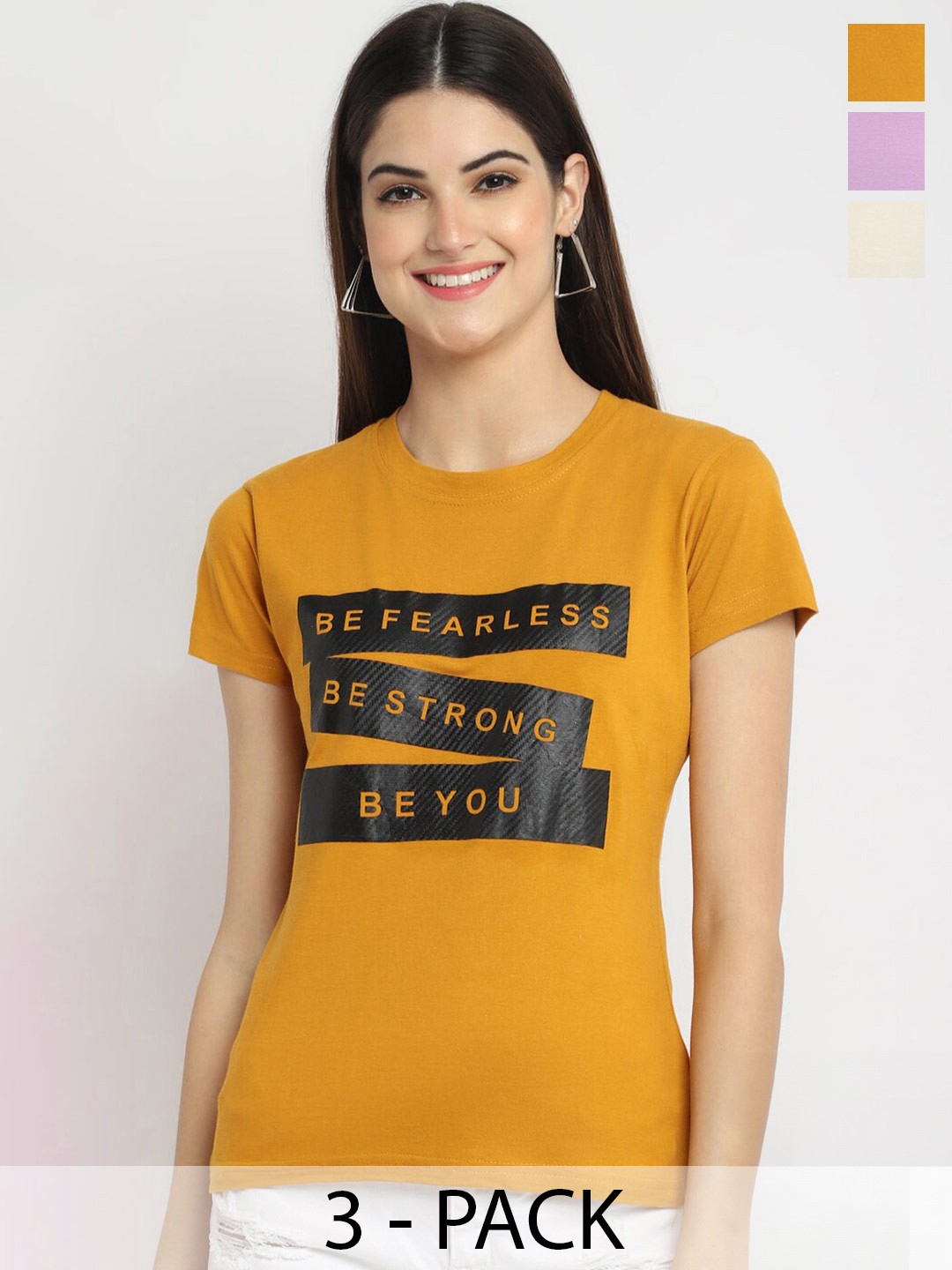 

Fabflee Pack Of 3 Typography Printed Cotton T-shirt, Mustard