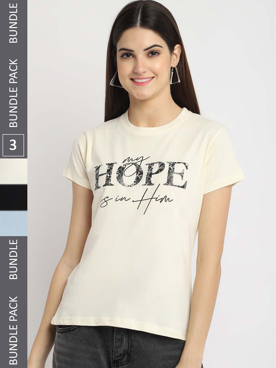 

Fabflee Pack Of 3 Typography Printed Cotton T-shirt, Cream