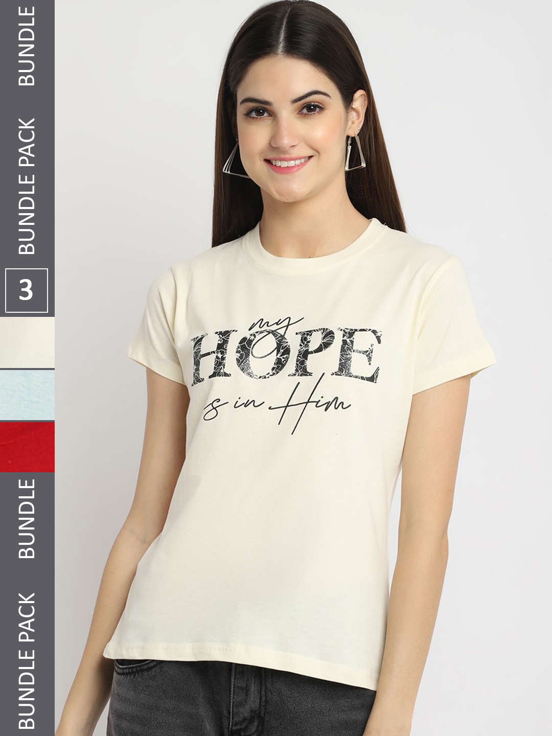 Fabflee Pack Of 3 Typography Printed Cotton T-shirt, Off white