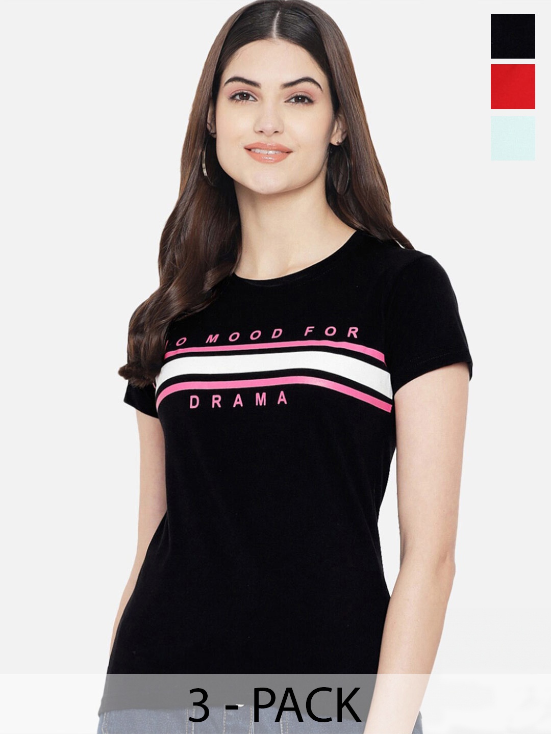 

Fabflee Pack Of 3 Typography Printed Cotton T-shirts, Black