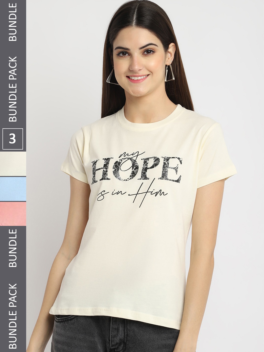 

Fabflee Pack Of 3 Typography Printed Cotton T-shirt, Cream