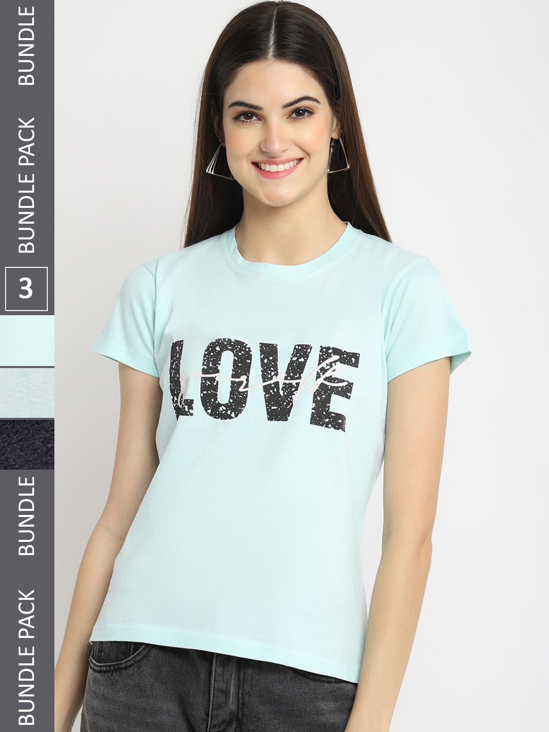 

Fabflee Pack Of 3 Typography Printed Cotton T-shirt, Blue