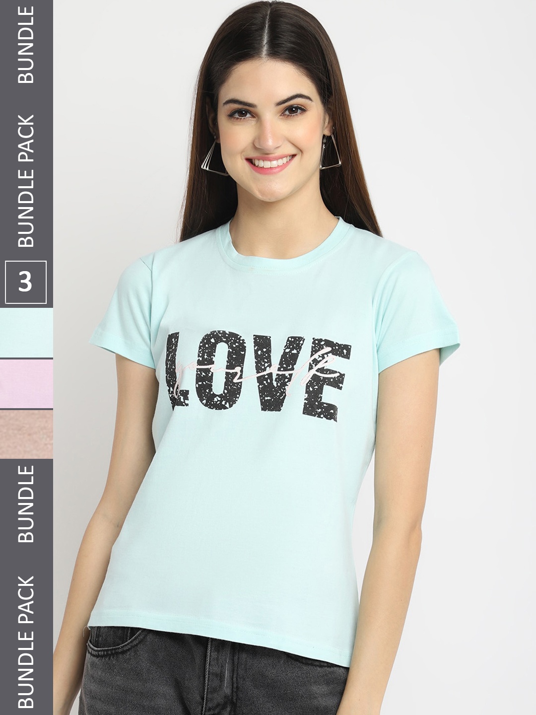 

Fabflee Pack Of 3 Typography Printed Cotton T-shirt, Blue