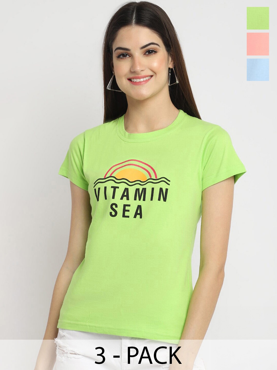 

Fabflee Pack Of 3 Typography Printed Cotton T-Shirt, Green