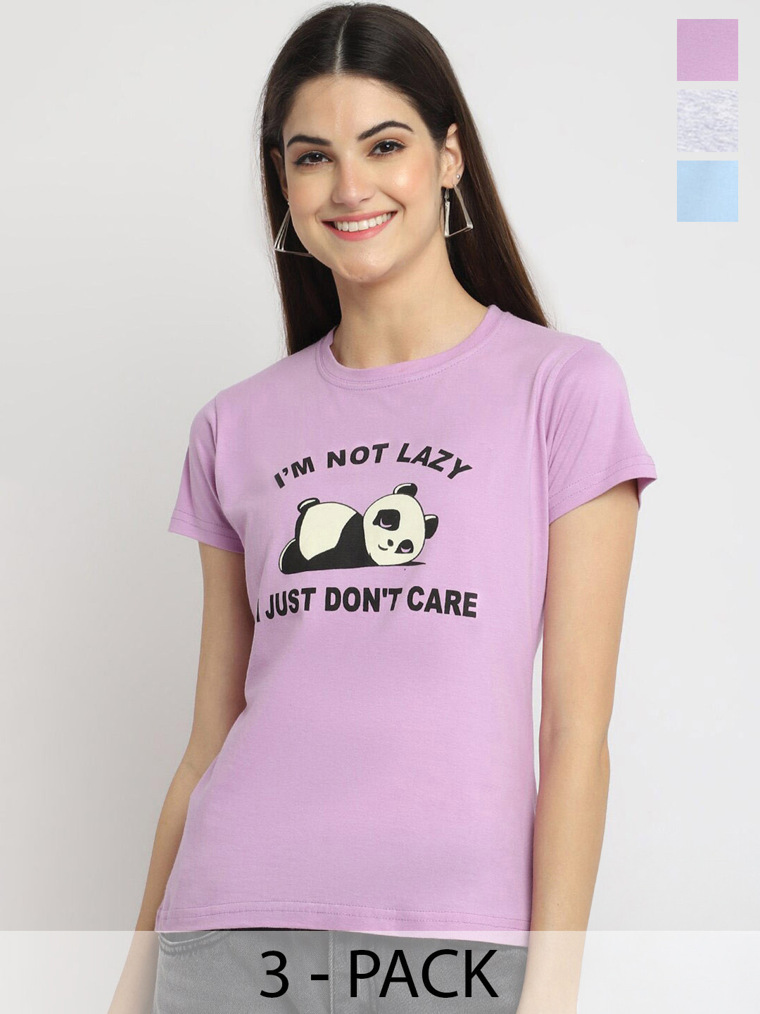 

Fabflee Pack Of 3 Typography Printed Cotton T-shirts, Lavender