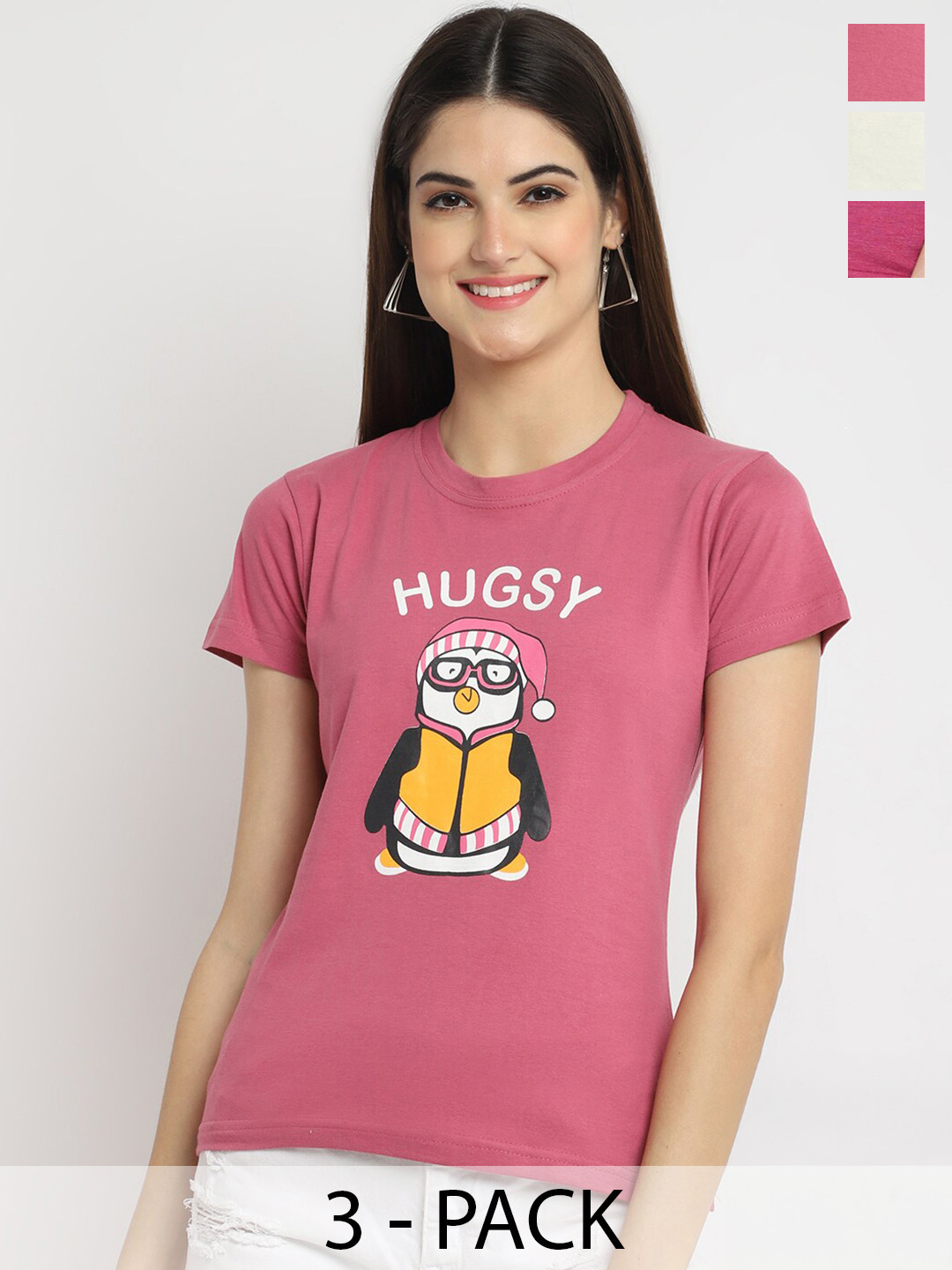 

Fabflee Pack Of 3 Typography Printed Cotton T-shirt, Mauve