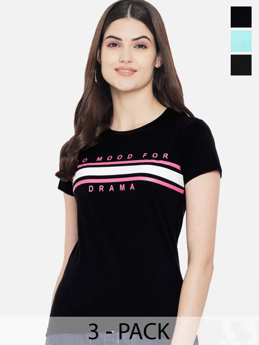 

Fabflee Pack Of 3 Printed Cotton T-shirt, Black