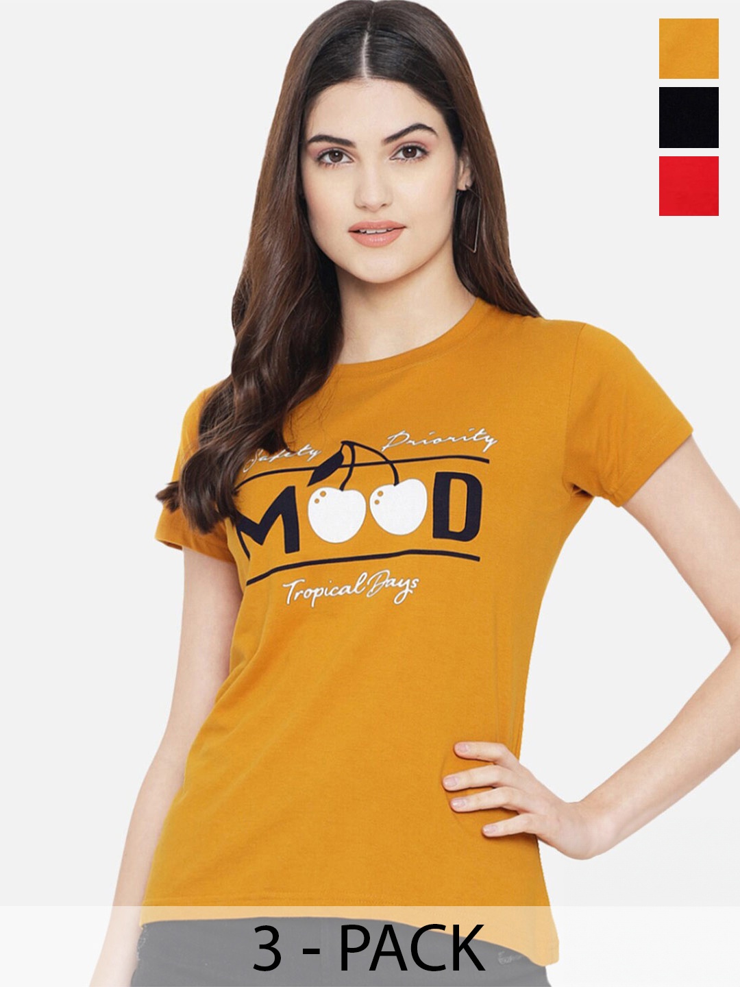

Fabflee Pack Of 3 Printed Cotton T-shirt, Mustard