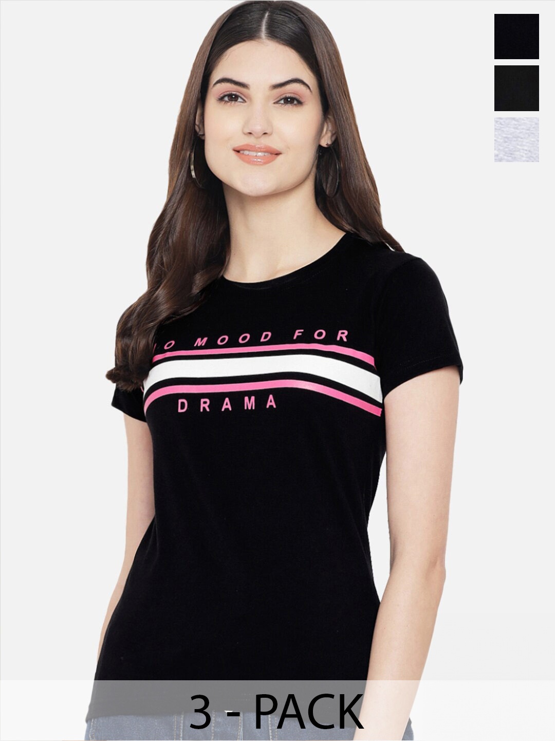 

Fabflee Pack Of 3 Typography Printed Cotton T-Shirt, Black