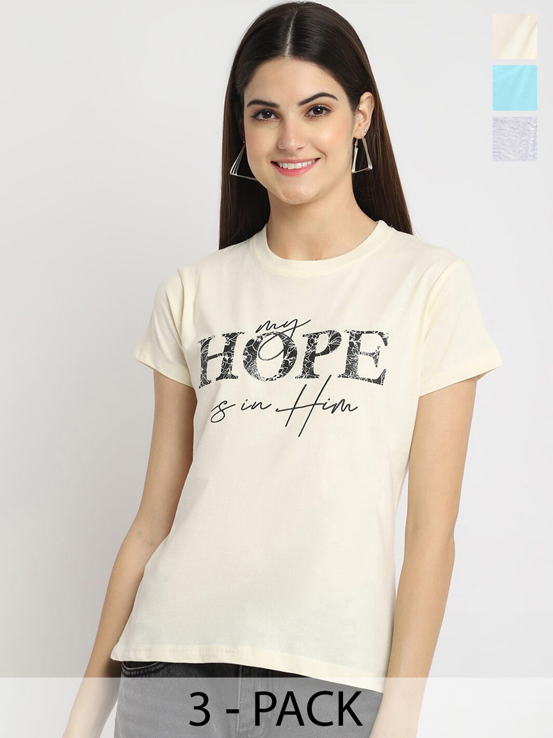 

Fabflee Pack Of 3 Typography Printed Cotton T-shirts, Yellow