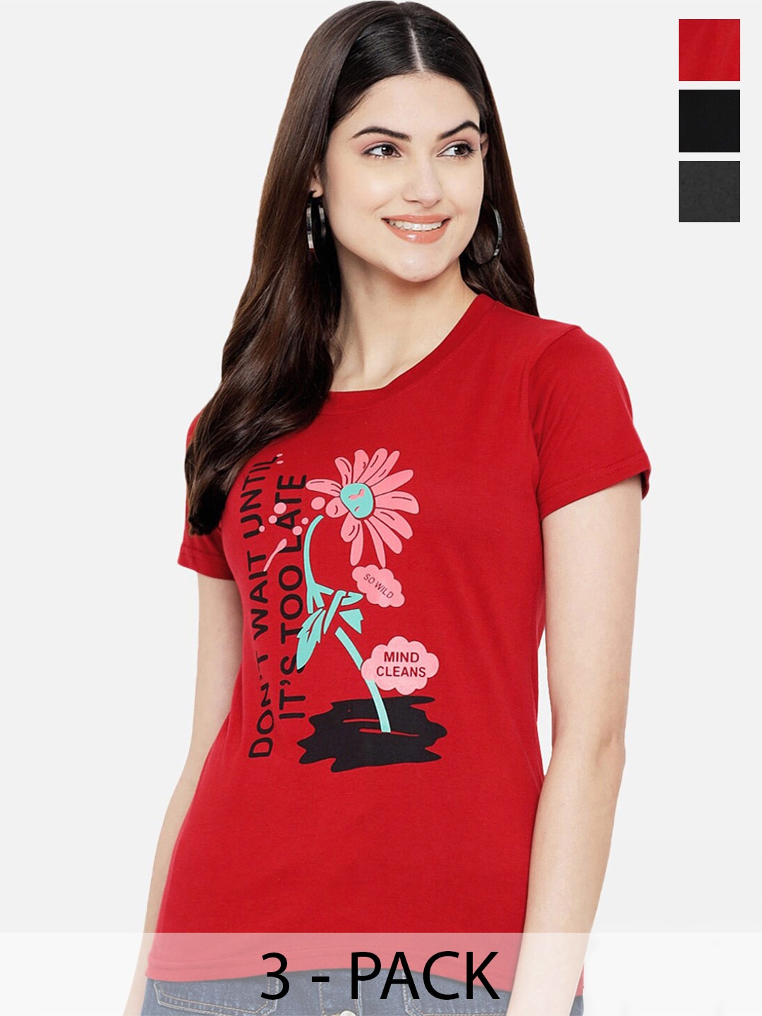 

Fabflee Pack Of 3 Typography Printed Cotton T-Shirts, Red