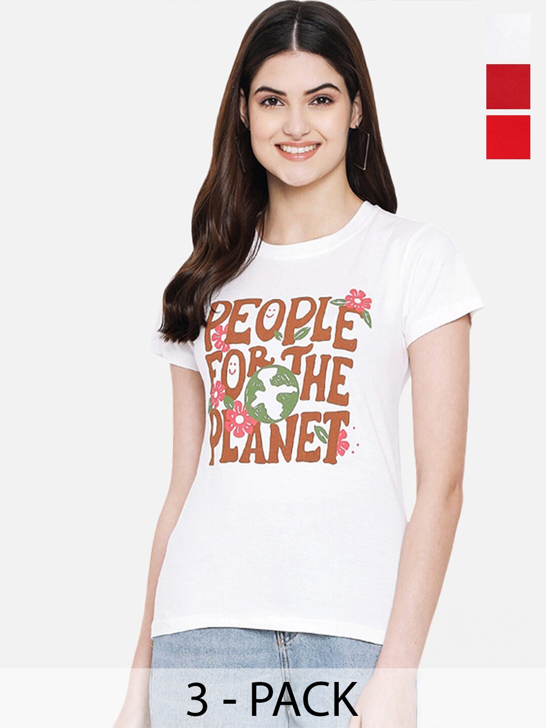 

Fabflee Pack Of 3 Typography Printed Regular Fit Cotton T-shirt, White