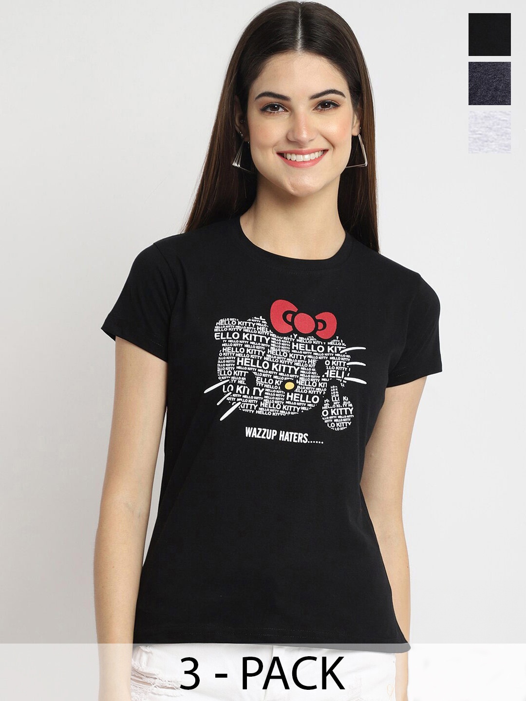 

Fabflee Pack Of 3 Graphic Printed Cotton T-shirts, Black