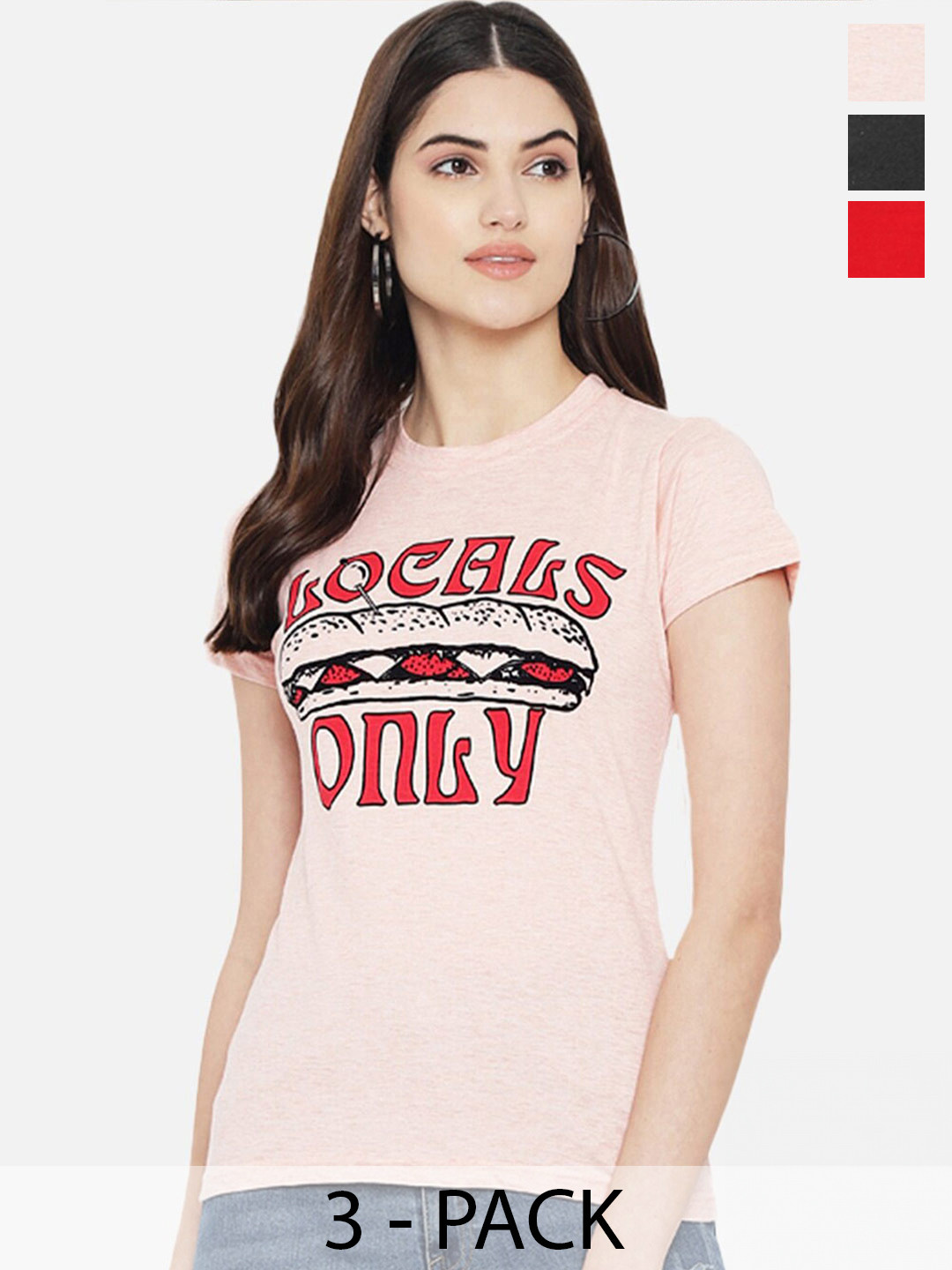 

Fabflee Pack Of 3 Printed Cotton T-shirts, Pink