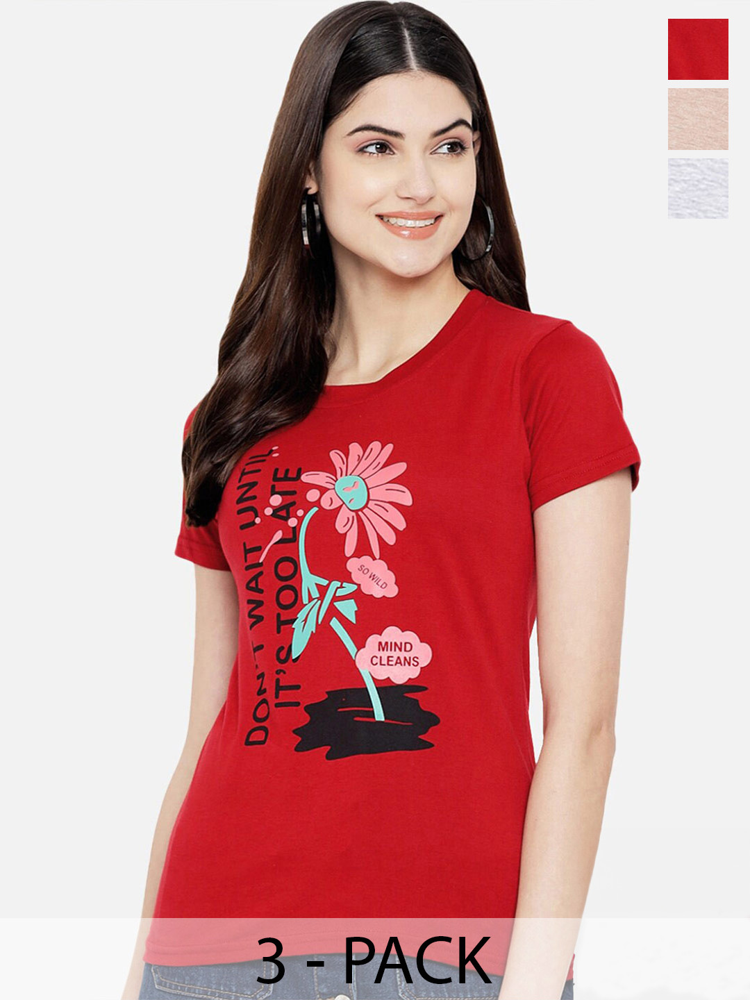 

Fabflee Pack Of 3 Typography Printed Cotton T-shirts, Red