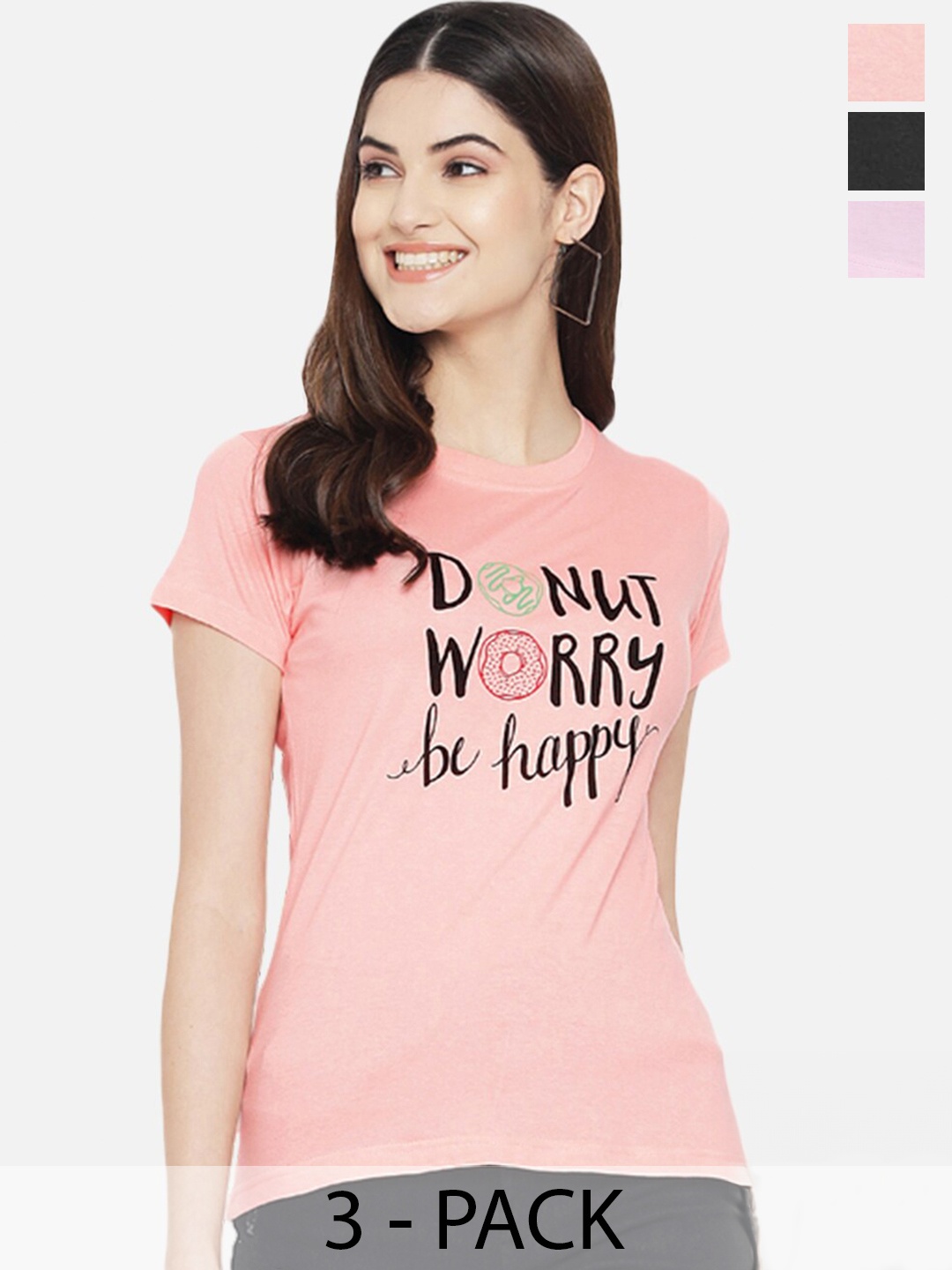 

Fabflee Pack of 3 Printed Round Neck Cotton T-shirts, Pink