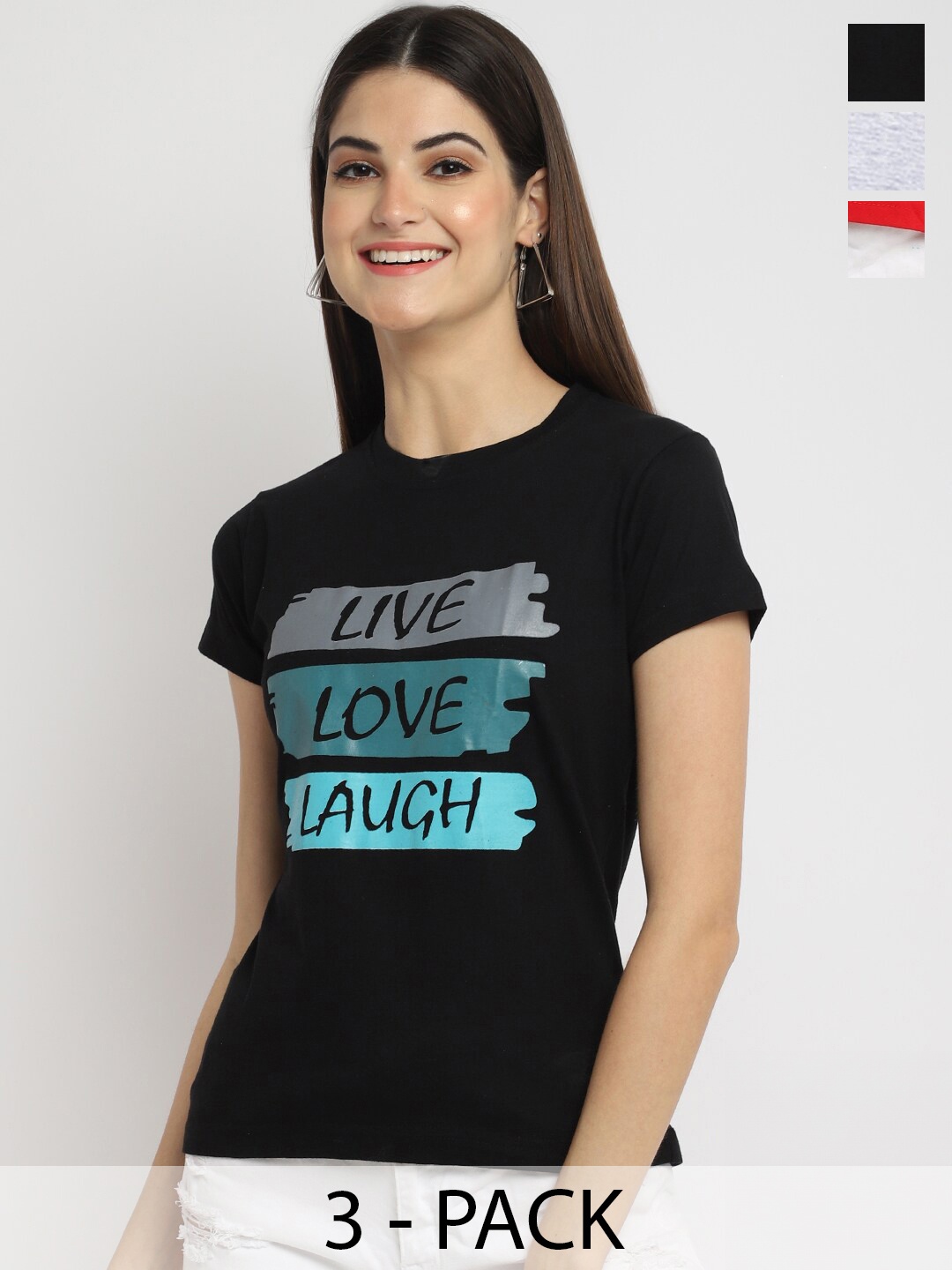 

Fabflee Pack Of 3 Typography Printed Cotton T-shirt, Black