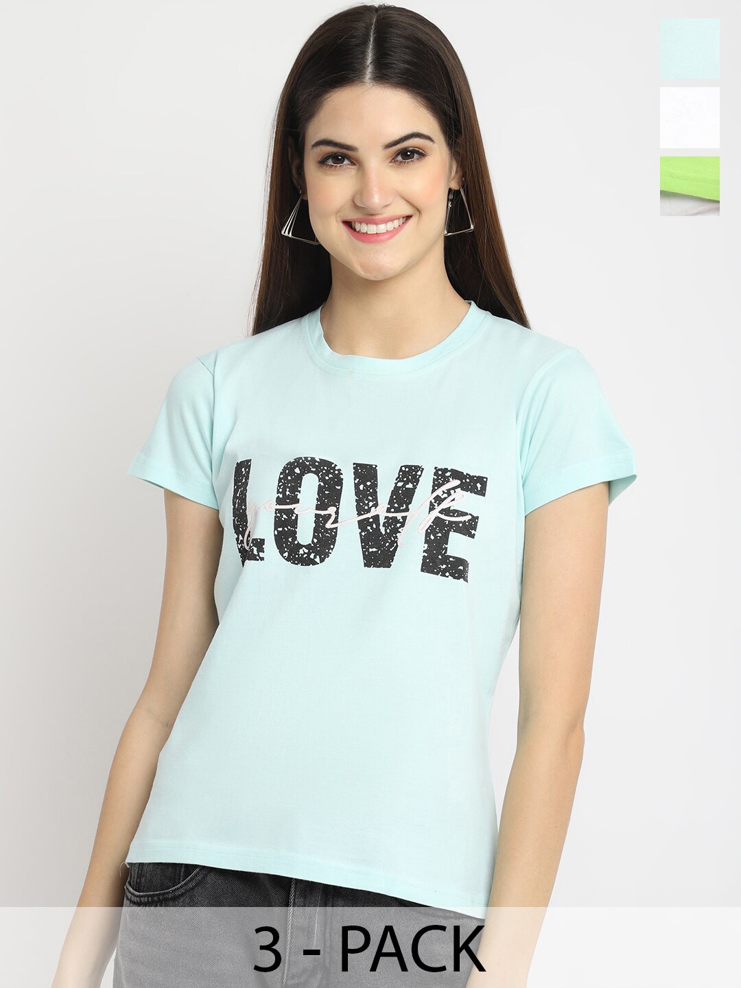 

Fabflee Pack Of 3 Typography Printed Cotton T-shirt, Blue