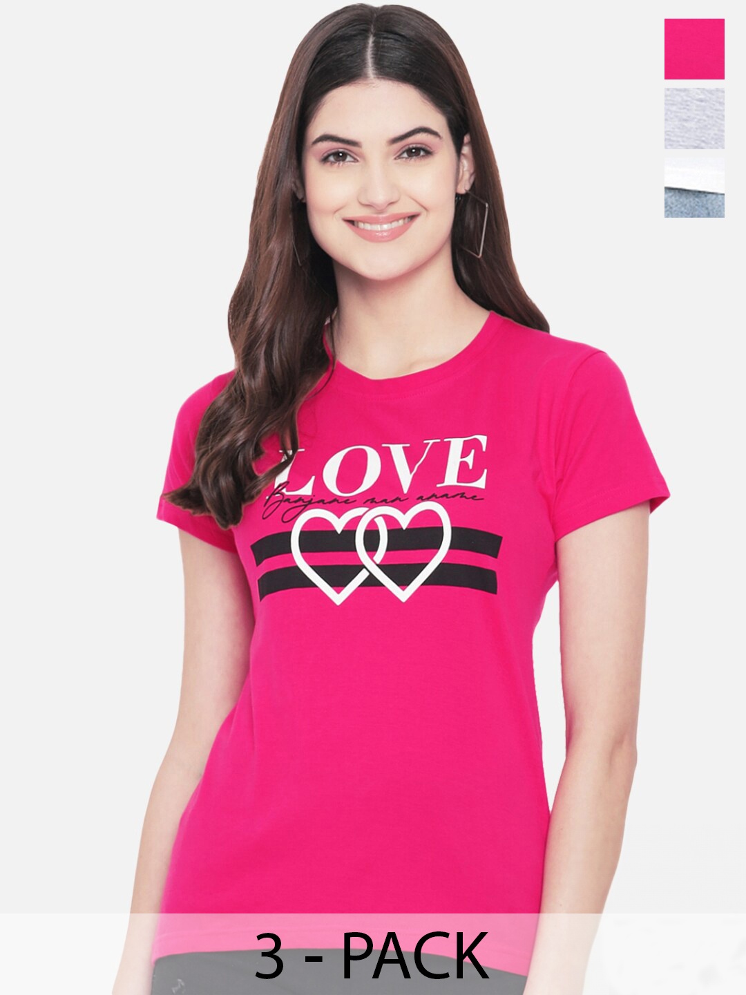 

Fabflee Pack Of 3 Typography Printed Cotton T-shirts, Pink