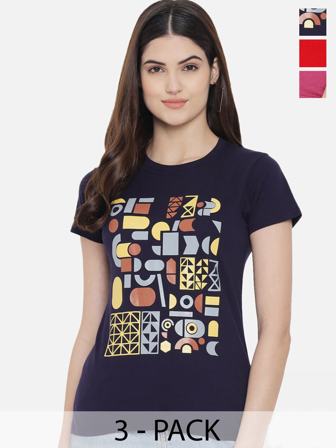 

Fabflee Pack of 3 Printed Cotton T-shirts, Navy blue