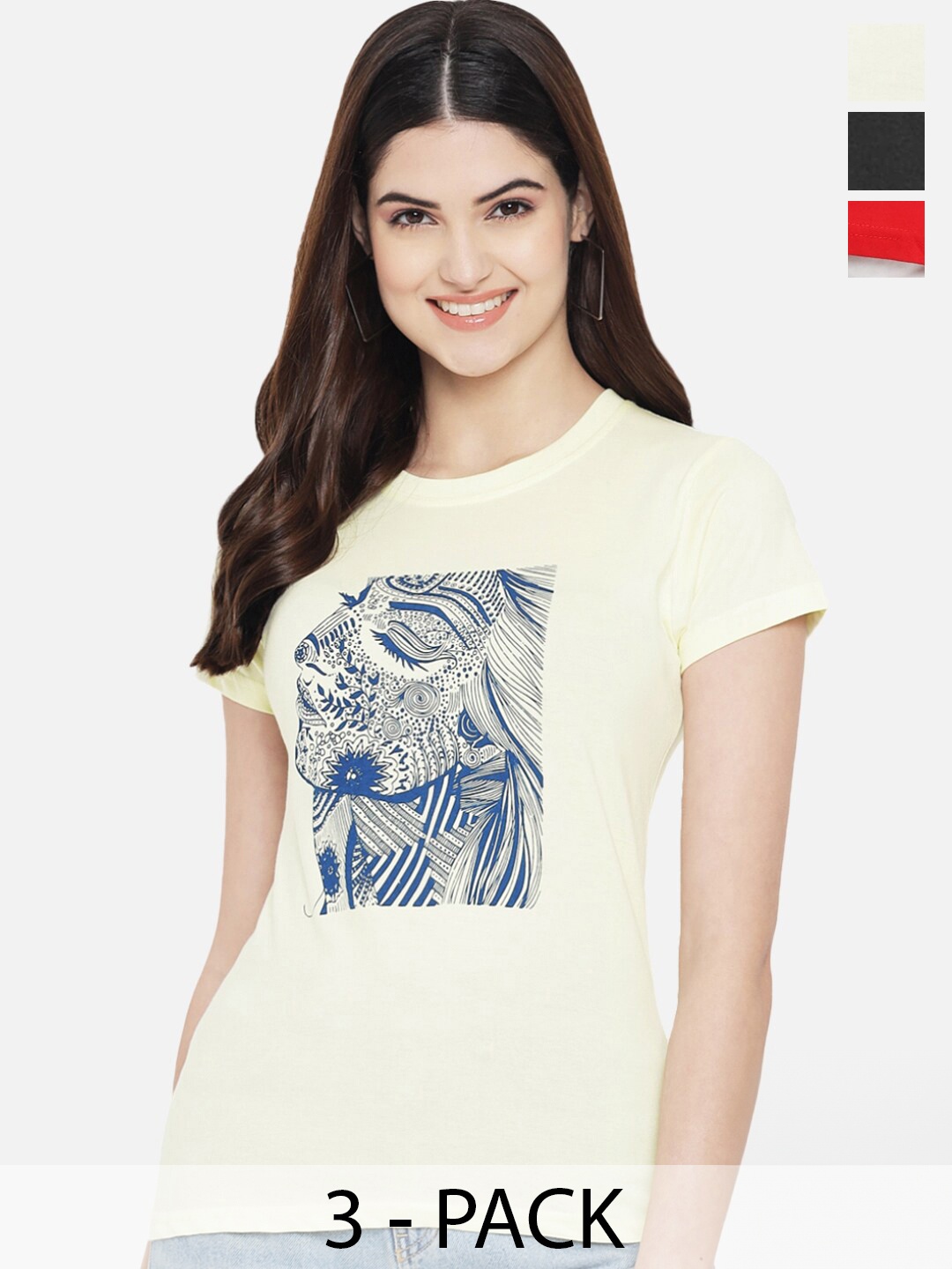 

Fabflee Pack Of 3 Typography Printed Cotton T-shirts, Cream